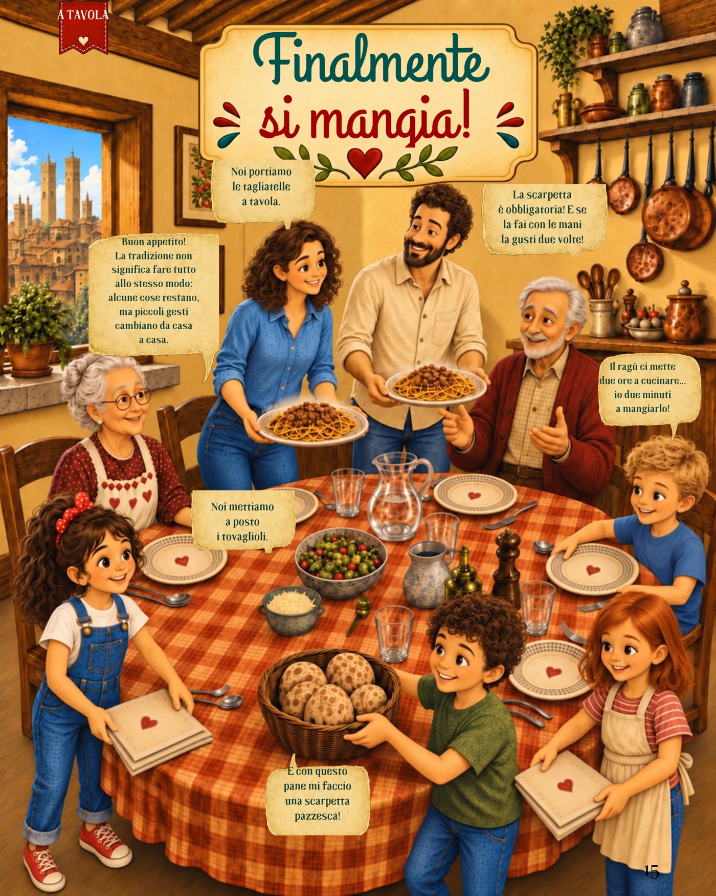 La famiglia Venturi si riunisce a tavola per le tagliatelle al ragù. Pagina originale in italiano.